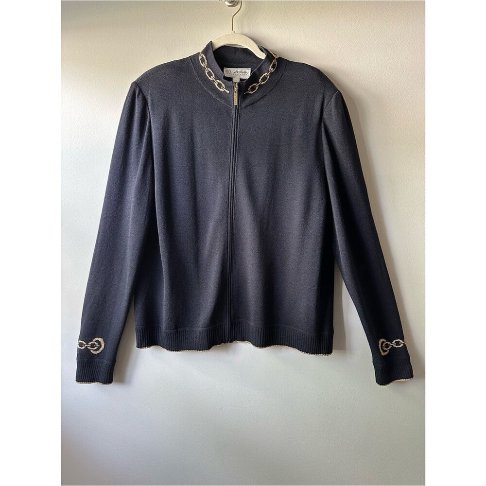 St. John Collection Navy Sports Studded Zip Up Wool Cardigan Gold Chain Size XL